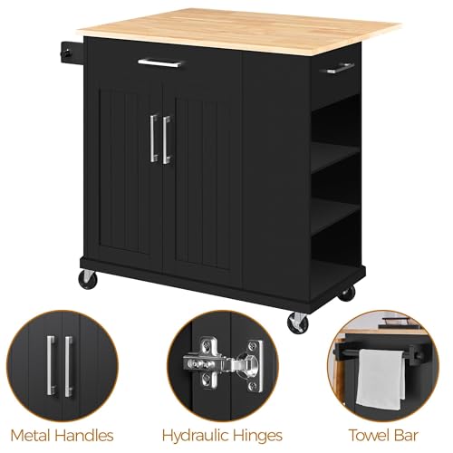 Yaheetech Rolling Kitchen Island Cart with Drop Leaf, Portable Rubberwood Breakfast Bar with Storage Cabinet, Open Shelves & Detachable Towel