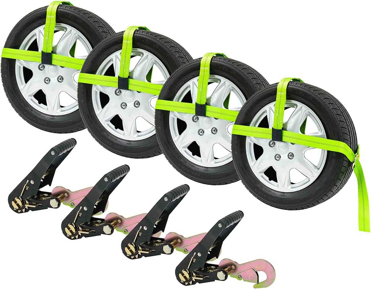 Mytee Products (4 Pack 2 x 14' Car Tie Down Lasso Ratchet Strap with Flat Hook - Tire Straps for Car Trailer - Wheel Straps for Hauling Cars