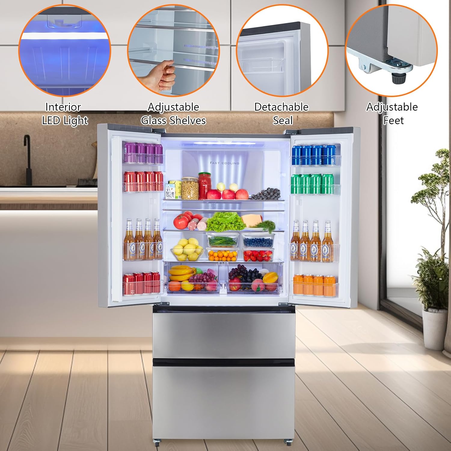 French Door Refrigerator, 18.8 Cu.Ft. Counter Depth Stainless Steel Refrigerators, 4 Door Fridges Full Size Bottom Freezer Kitchen Fridge