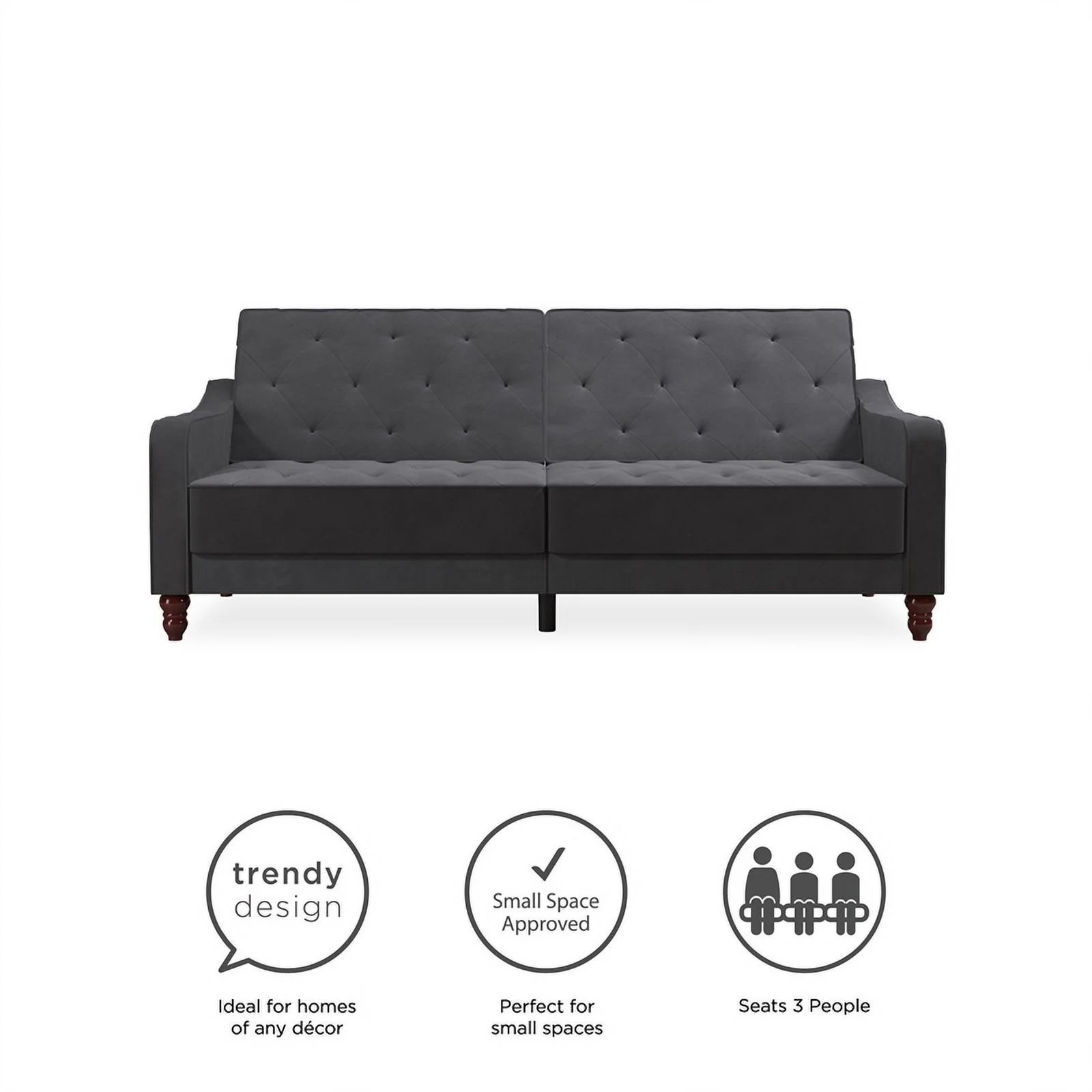 Pemberly Row Contemporary Vintage Tufted Split Back Futon in Grey Velvet