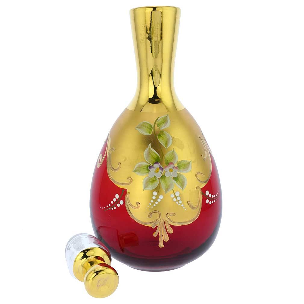Murano Glass Decanter Set with 6 Wine Glasses Tumblers 24K Gold - Red
