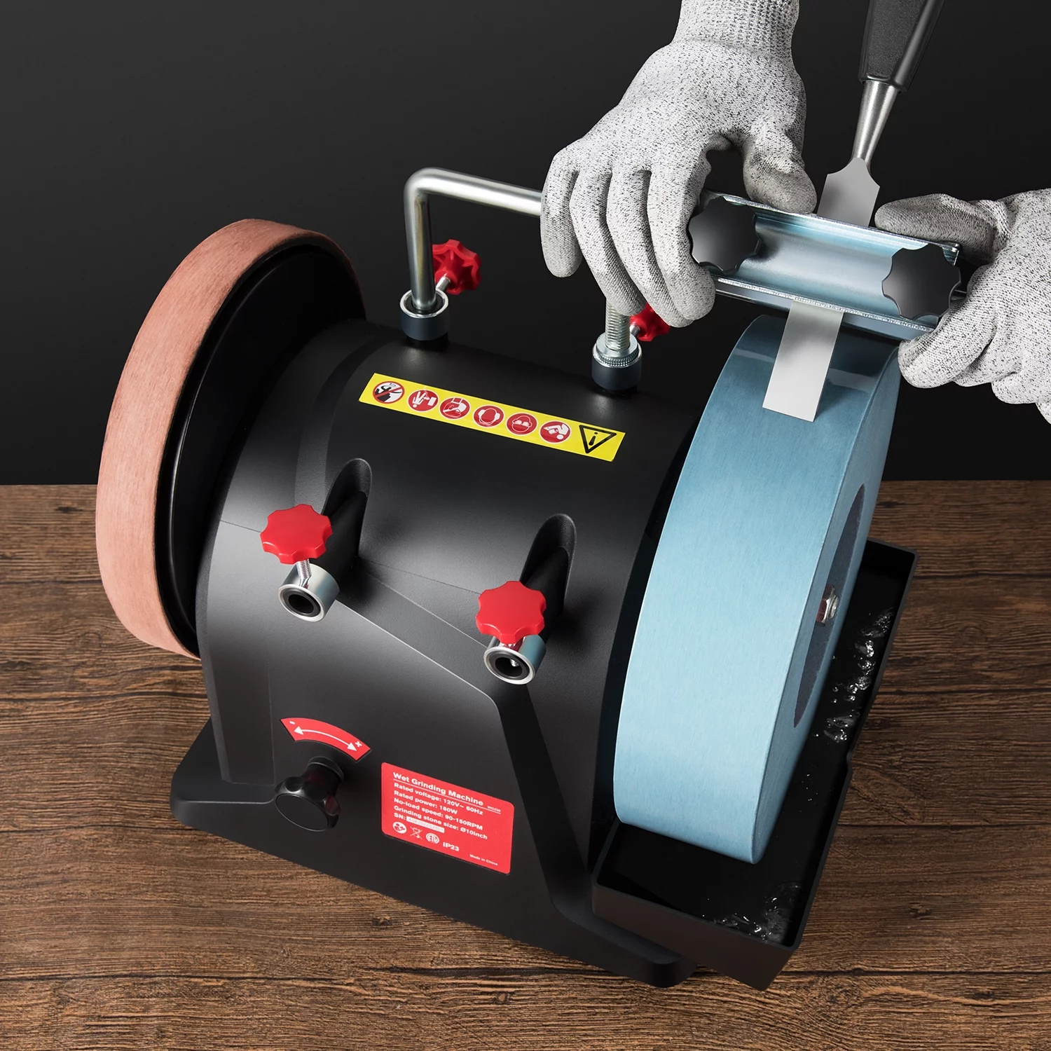Eastvolt 10 Inch Low Speed Wet Grinding Machine, 90- 150RPM Variable Speed Water Cooled Sharpening System for Household Knives and Woodworking Tools