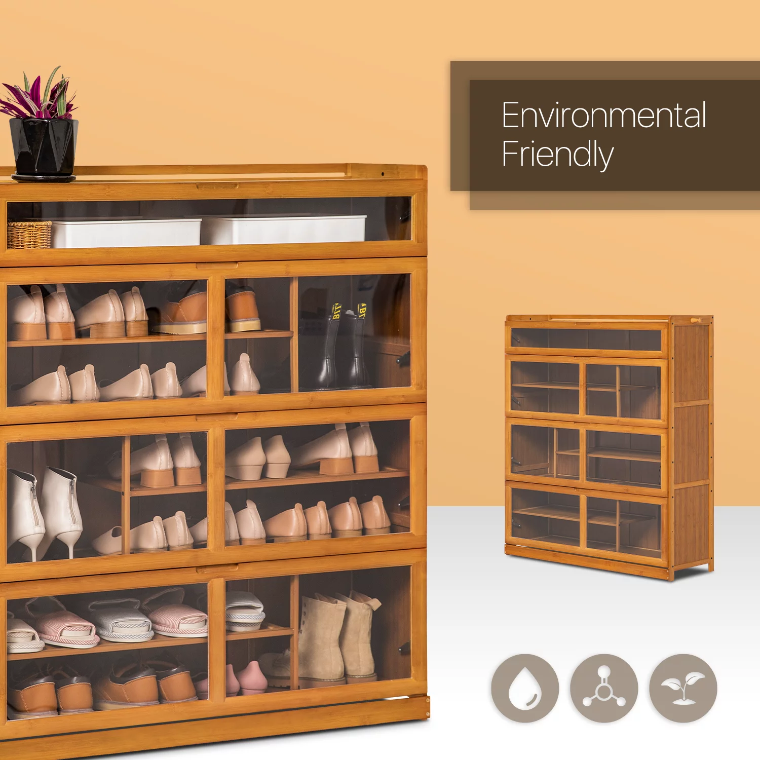 MoNiBloom Bamboo 7 Tiers 33 Pairs Shoes Cabinet, Pull-Down Acrylic Door, Brown, for Entryway