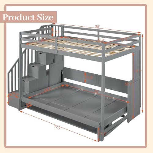 Full Murphy Bed with Stairs, Convertible Wall Bed Frame with Hydraulic Lift & Desk, Murphy Cabinet Beds with Upper Bed for Teens, Boys and Girls