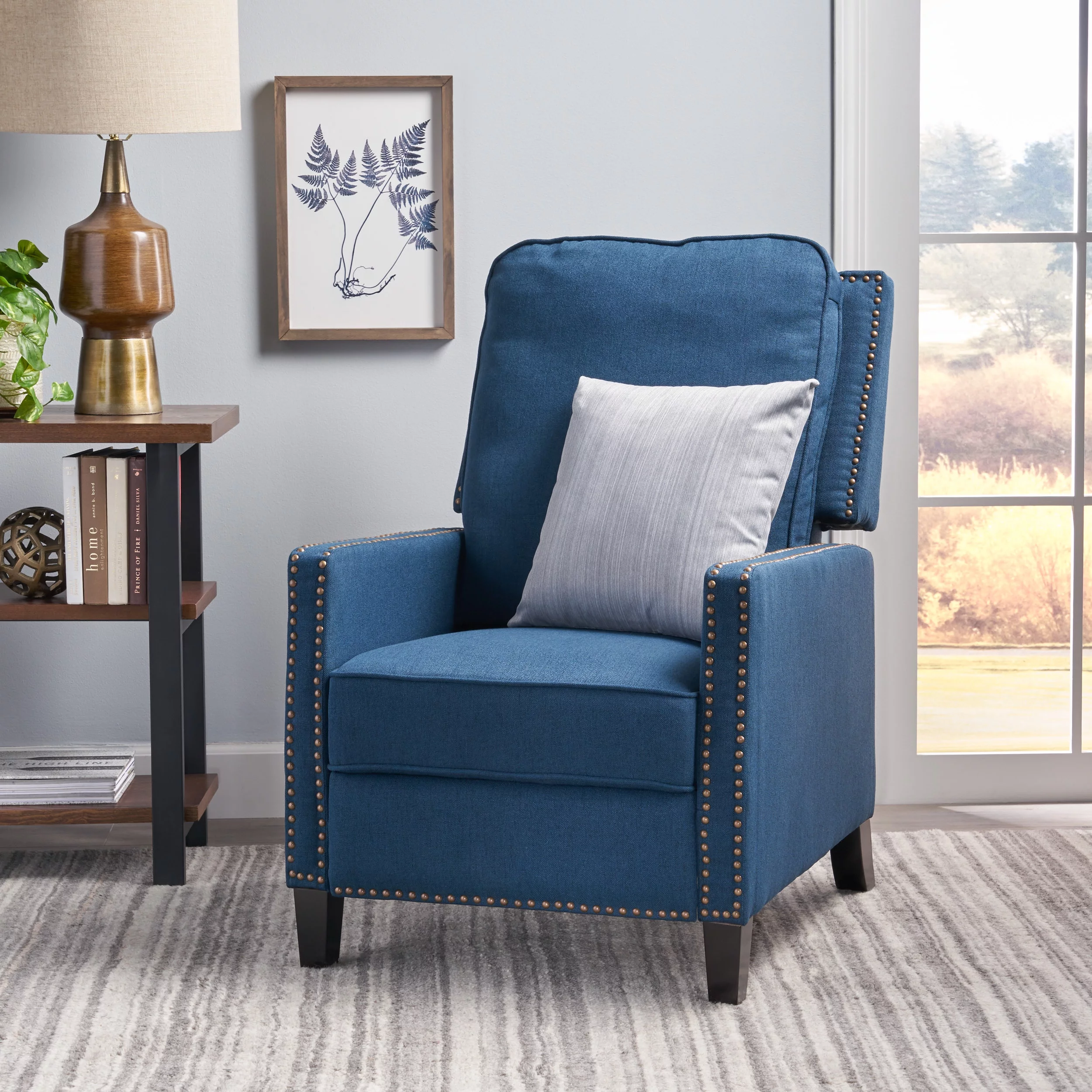 Noble House Celia Traditional Fabric Recliner, Navy Blue