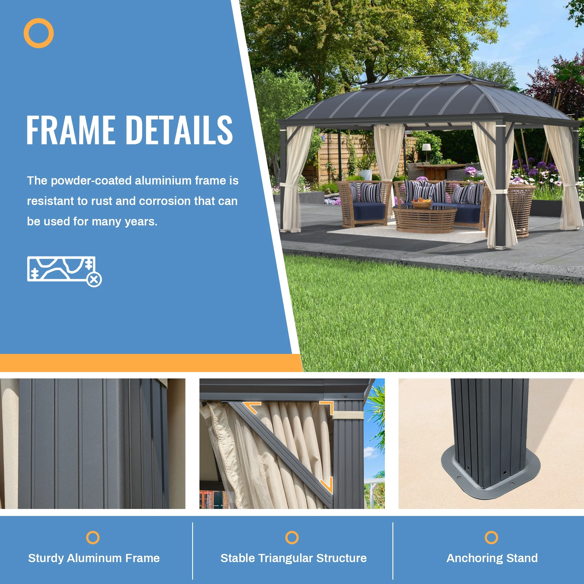 Richryce 12'x16' Hardtop Gazebo, Permanent Outdoor Aluminum Patio Gazebo with Aluminum Composite Double Roof for Patio Lawn and Garden