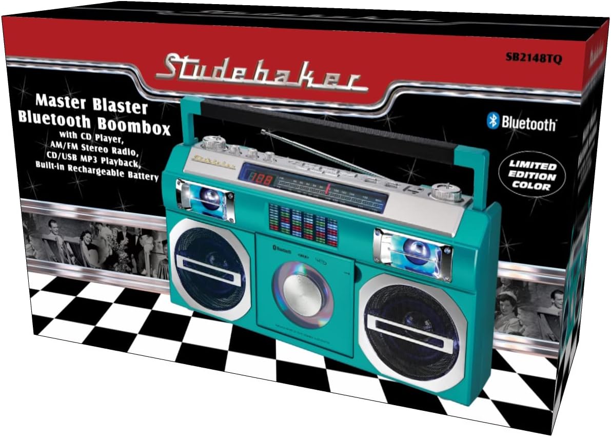 Studebaker Vintage Aqua Turquoise 80's Retro Street Bluetooth Wireless Streaming Boombox Rechargeable Battery, CD/MP3 Player, AM/FM, USB