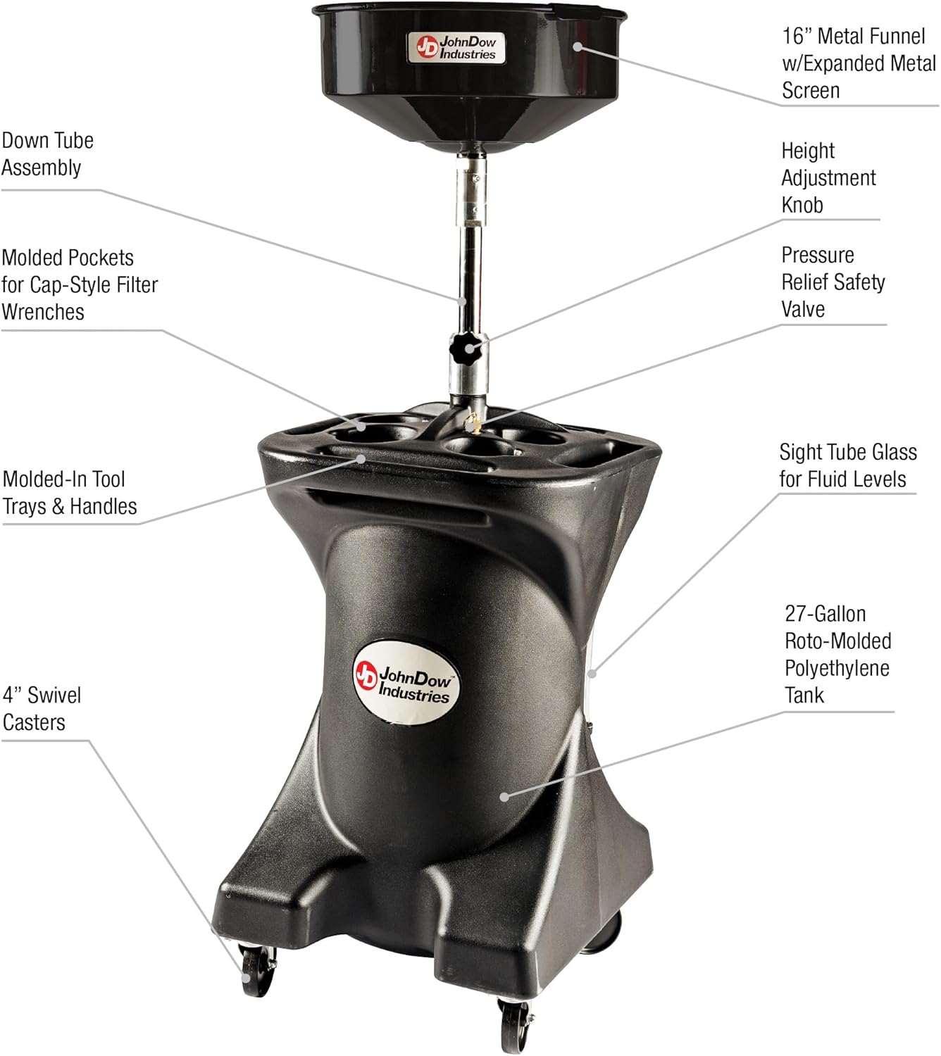 JohnDow Industries JDI-27DC 27 Self-Evacuating Portable Oil Drain, 16 inch Diameter Centered Funnel