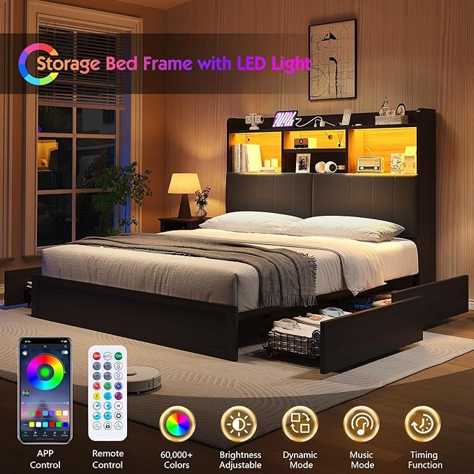 Full Farmhouse Bed Frame with Bookcase Headboard and 4 Drawers, LED Storage Bed with Charging Station & Linen Upholstered, No Box Spring Needed, Black