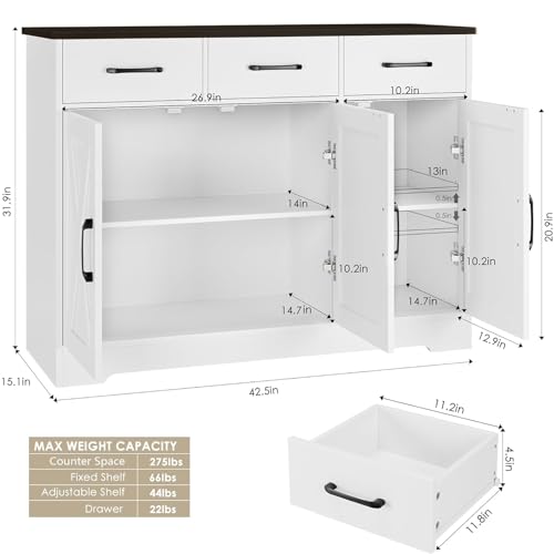 HOSTACK Modern Farmhouse Sideboard Buffet Cabinet, Barn Doors Buffet Storage Cabinet with Drawers and Shelves