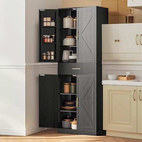 71" Tall Kitchen Pantry Storage Cabinet with 4 Doors & Drawer, Adjustable Shelves, Farmhouse Cupboard