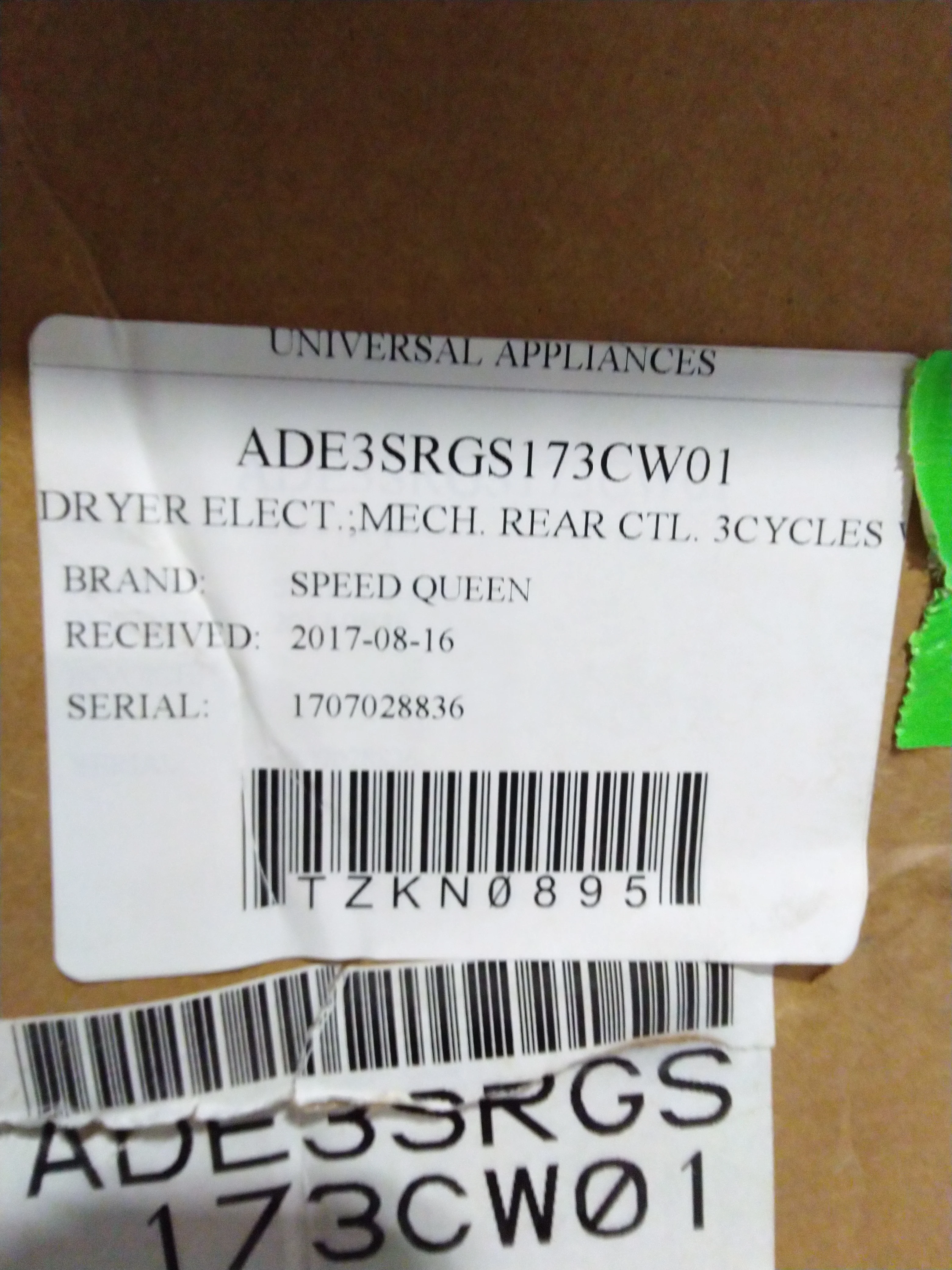 SPEED QUEEN DRYER - ADE3SRGS173CW01