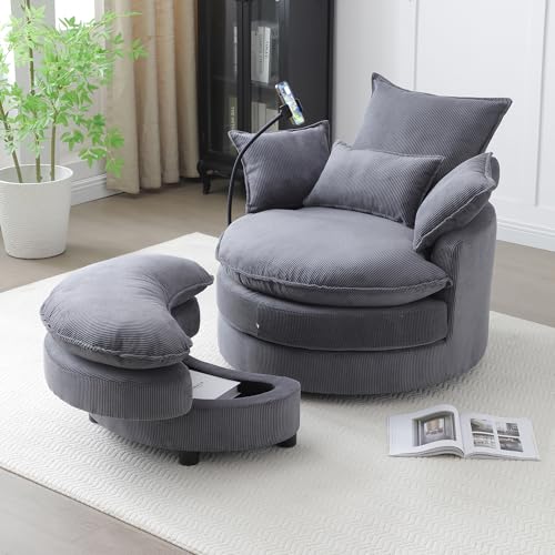 360 Swivel Accent Barrel Chair with Storage Ottoman & Headrest