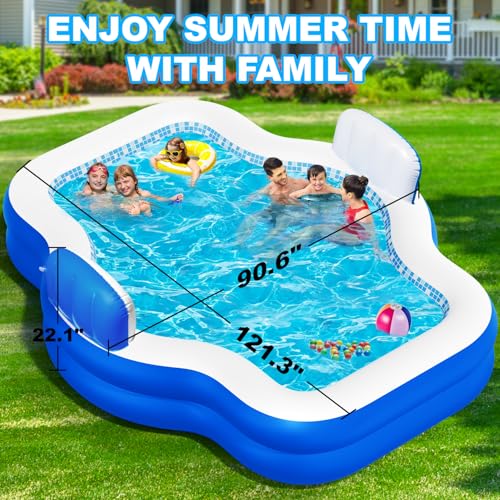 Large Inflatable Swimming Pool for Kids Adults, 121" X 90" X 22" Oversized Thickened Kiddie Pools Family Blow-Up Pool with Pump Seat