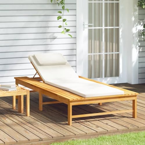 Sun Lounger with Cream White Cushion and Pillow Solid Wood Acacia,Acacia Wood Sun Lounger with Adjustable Backrest for Patio and Garden Relaxation