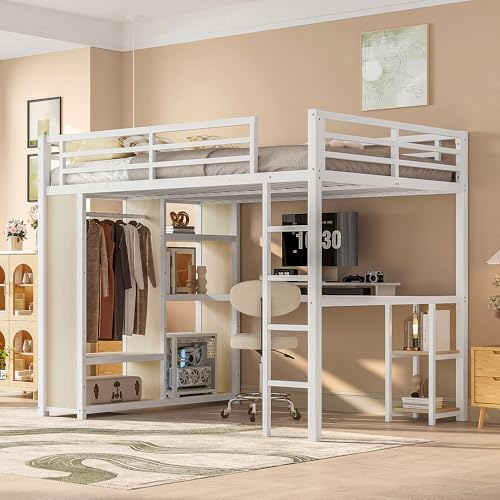 Bellemave Queen Size loft Bed with L Desk, Wardrobe, Metal Queen Loft Bed Frame for Adults, Kids, Teens, Black