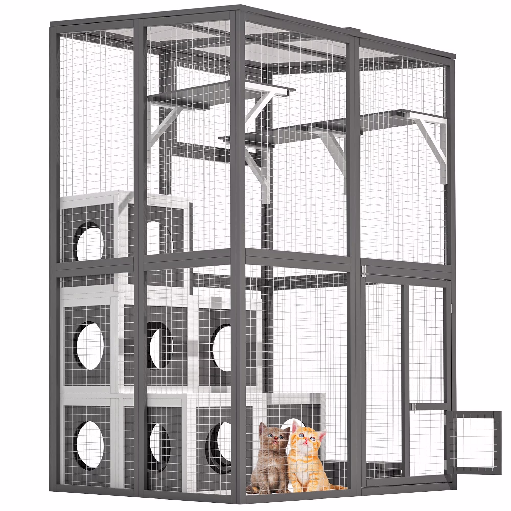 Montary Catio Outdoor Cat Enclosure with Window Access, 4-Tier Cat House with Wheels, Waterproof Roof &amp; Resting Box, Large Gray Cage