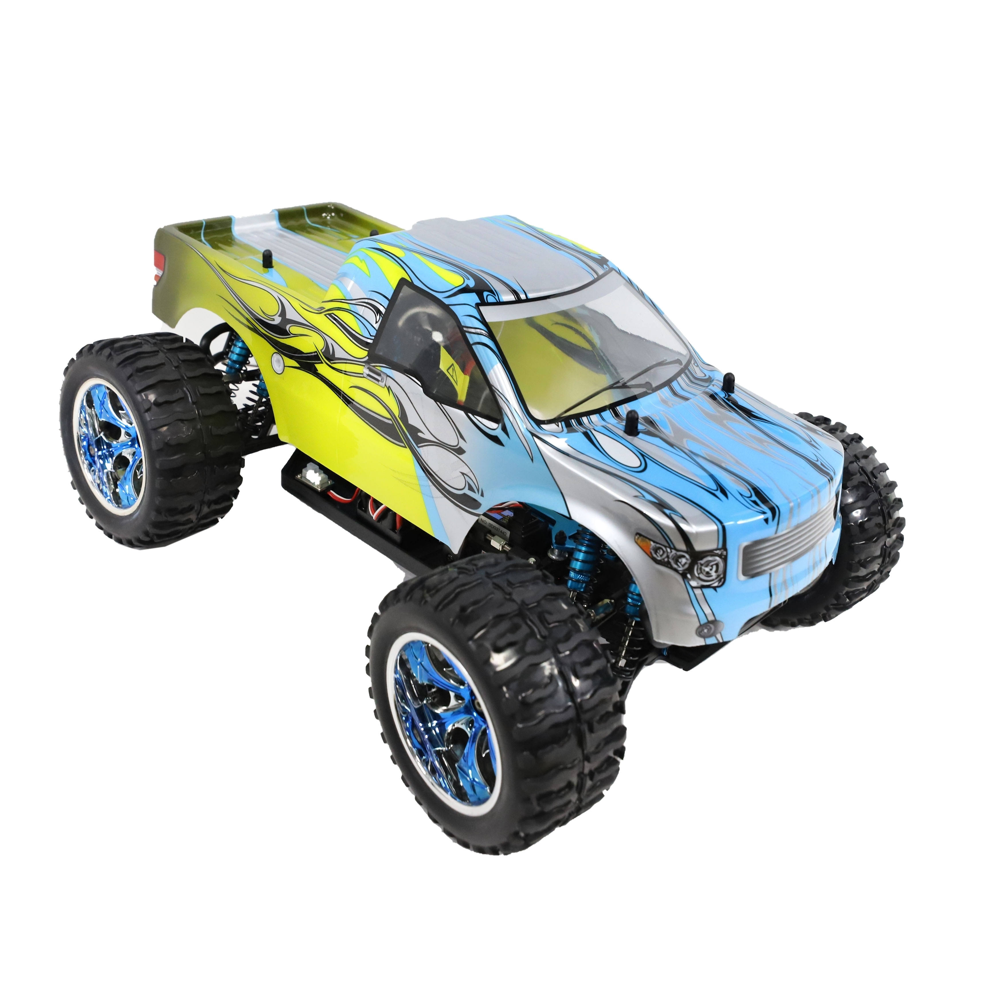 Aleko Rccar05 Brushless Pro Off-Road 4WD Electric Powered RC Truck - 1:10 Scale - Light Blue and Yellow Flame Design