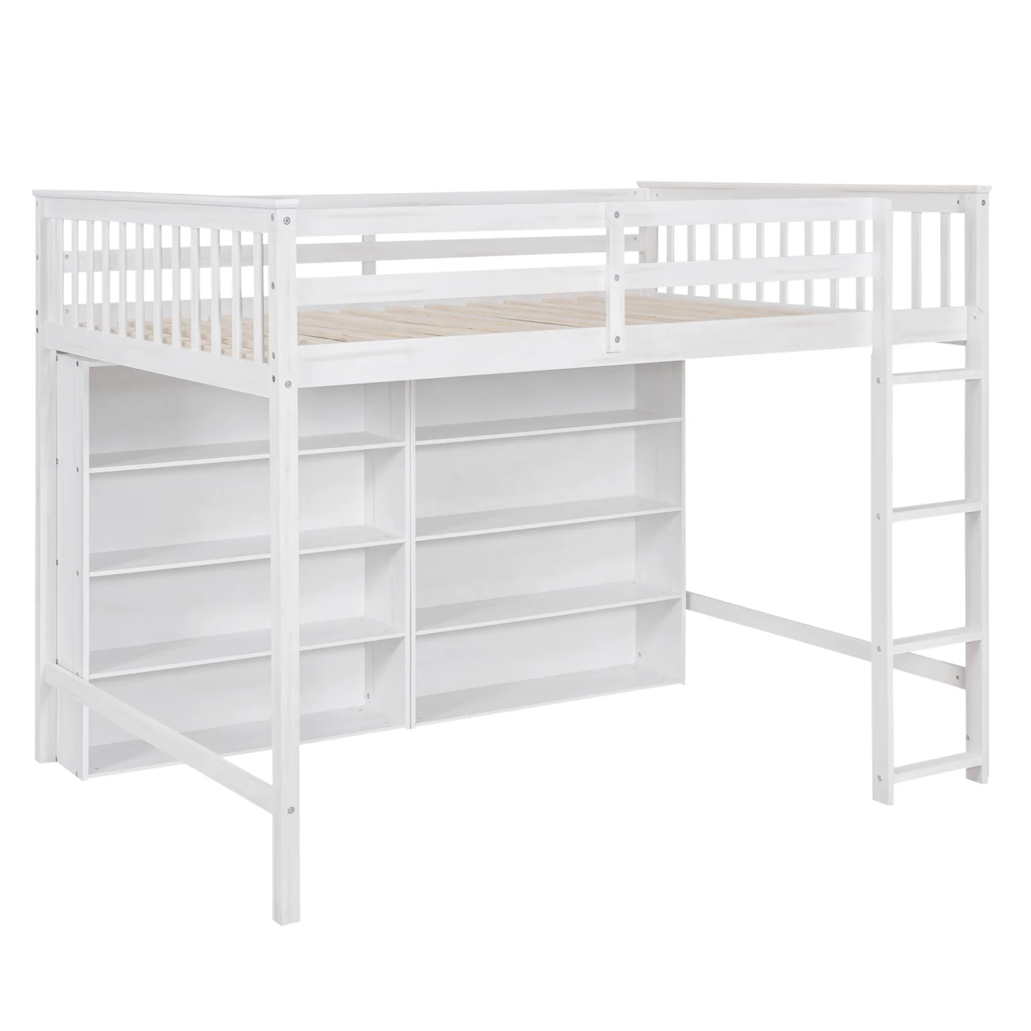 Churanty Wood Full Size Loft Bed with 8 Open Storage Shelves, Full Loft Bed Frame with Built-in Bookcase for Dorm Kids Teens, White