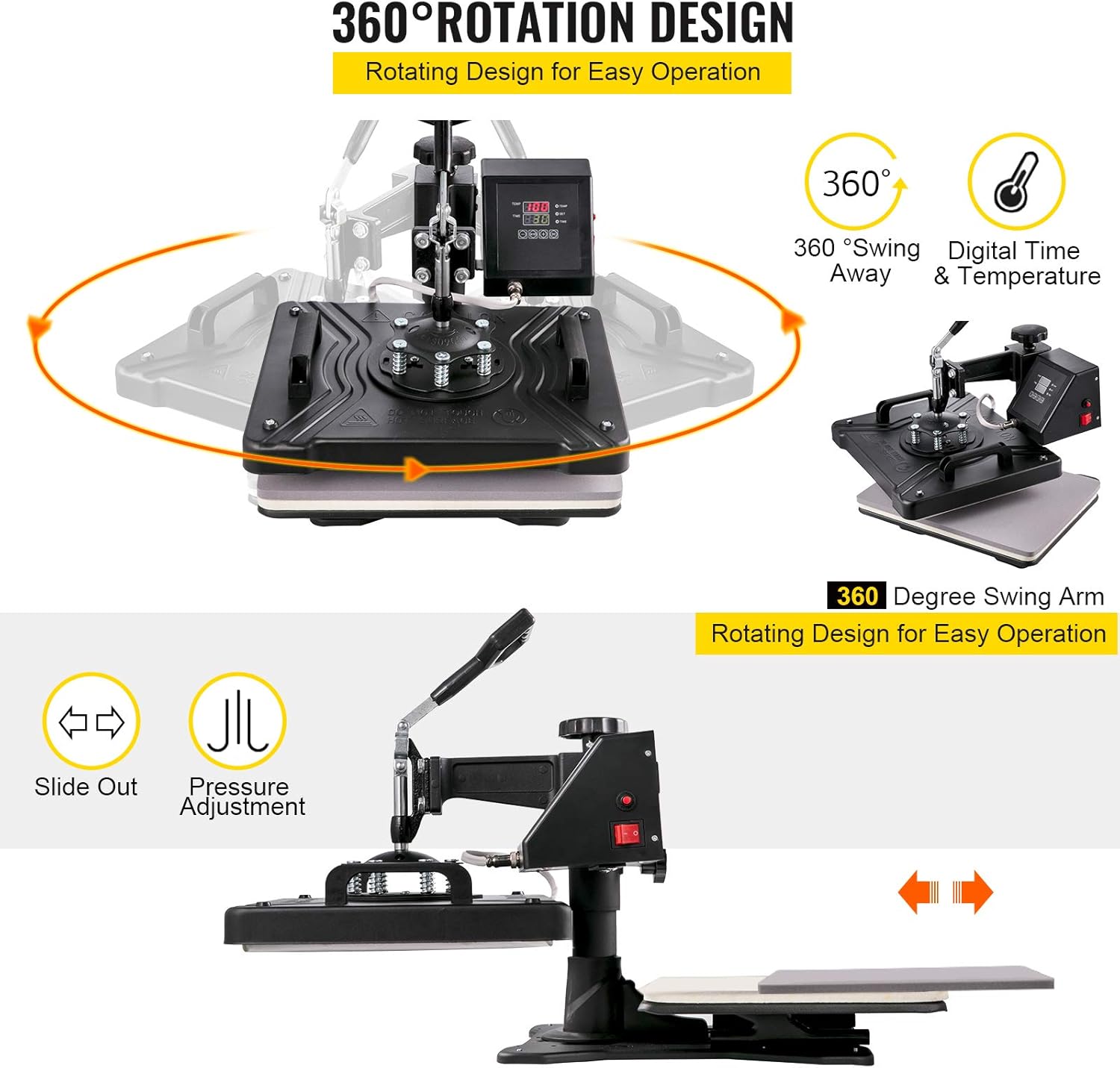 VEVOR Heat Press Machine, 15x15 Inch, 5 in 1 Combo Swing Away T-Shirt Sublimation Transfer Printer with Teflon Coated, Precise Heat Control