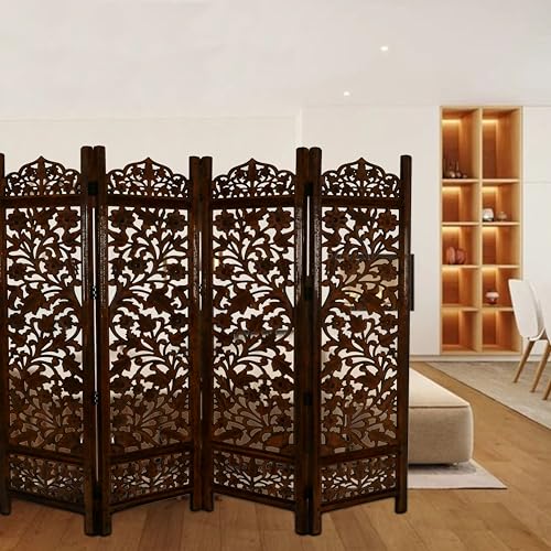 Lightnpro Wooden Room Divider - Handmade Foldable Partition Screen with Intricate Oval Carved Design Hinged