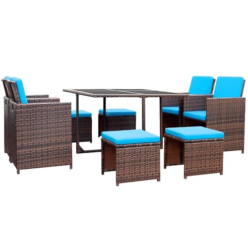 Devoko 9 Pieces Patio Dining Sets Outdoor Space Saving Rattan Chairs with Glass Table Patio Furniture Sets Cushioned Seating and Back Sectional