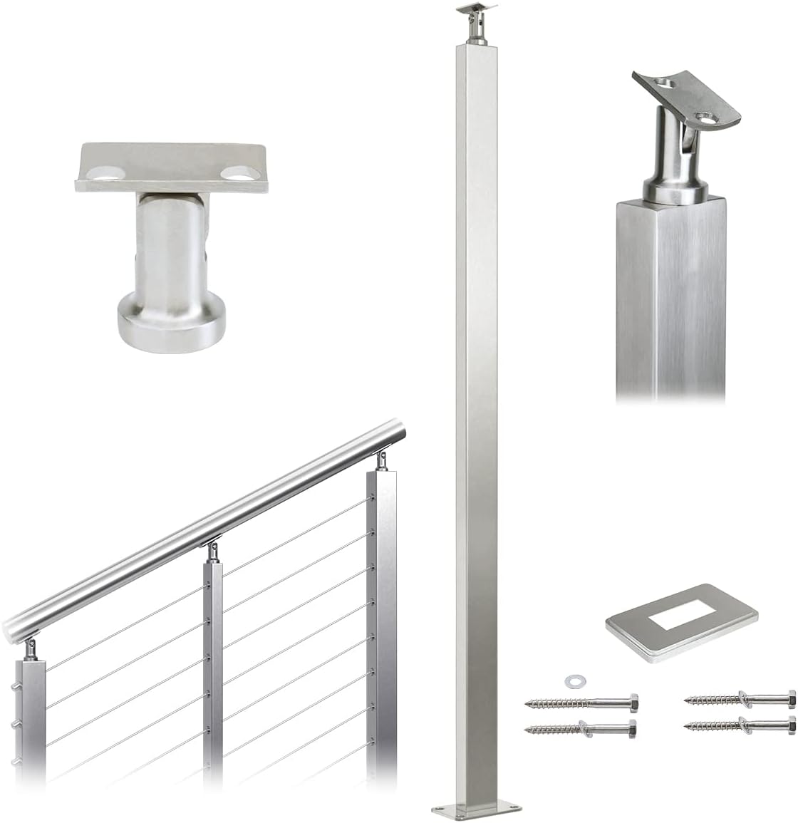 Muzata Cable Railing Post Intermediate Stabilizer 42"x1"x2" Stainless Steel Brushed Finishing Pre-Drilled Post Surface Mount for Wood Concrete Level