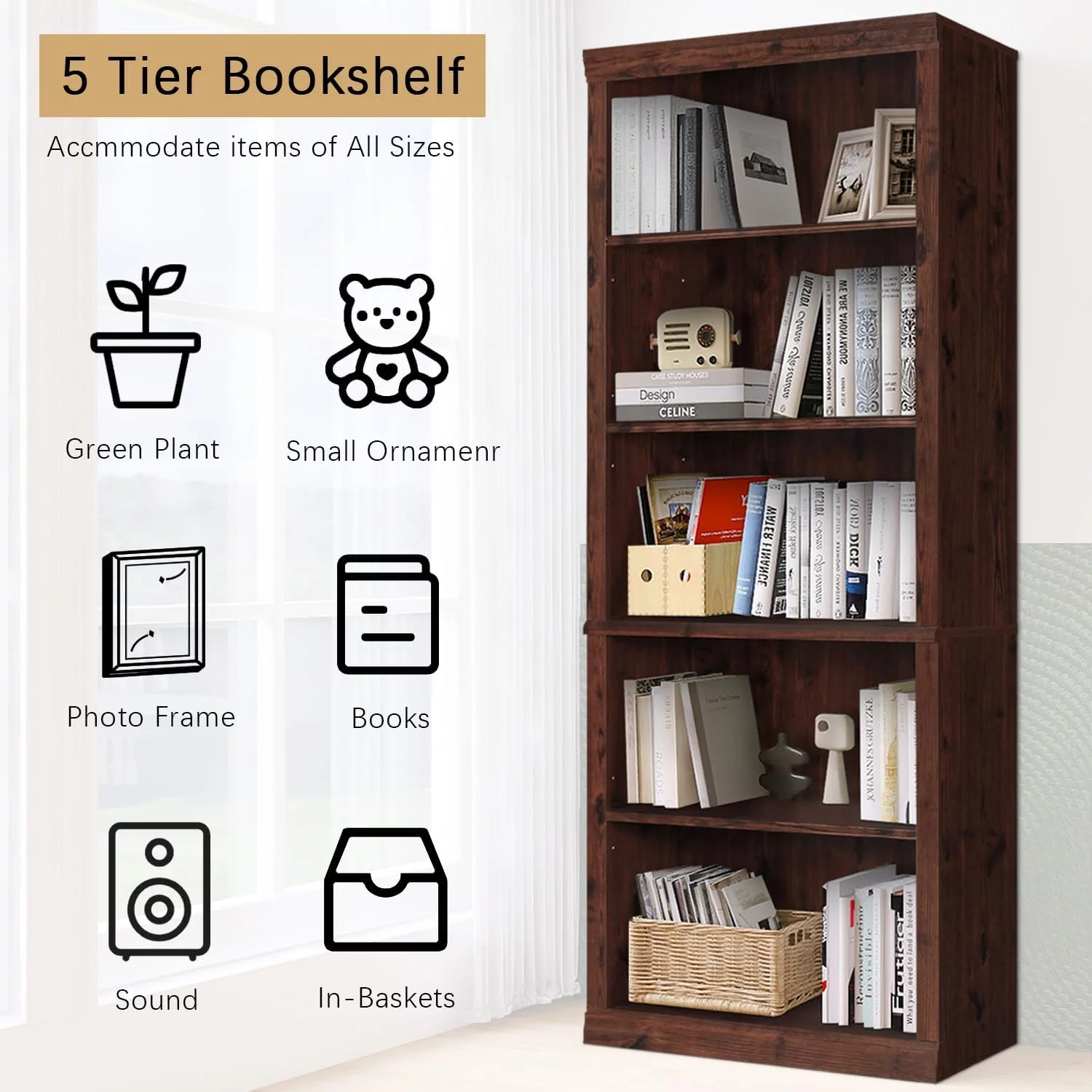 ENSTVER Wooden 5-Shelf Bookcase with Adjustable Shelves, Cherry