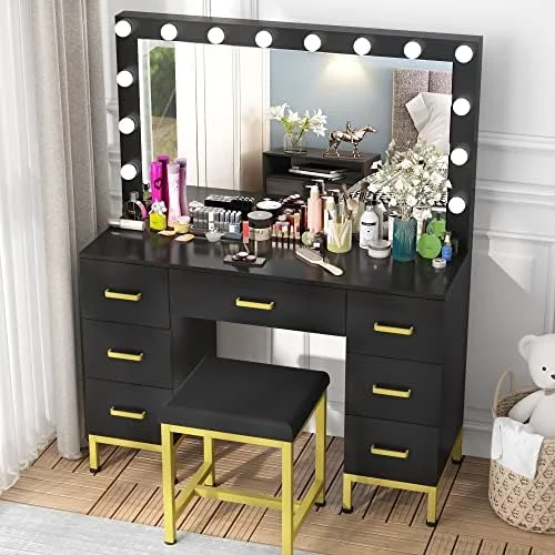 RUNFAYBIU Vanity Set with Lighted Mirror  44''  Vanity Dressing Table with 14PCS LED Bulbs  Vanity Desk with Cushioned Stool &amp