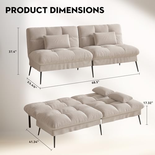 COMHOMA Convertible Futon Sofa Bed, 68″Fabric Futon Couch with Adjustable Backrest, Folding Futon Sleeper Recliner for Living Room Furniture (Black)