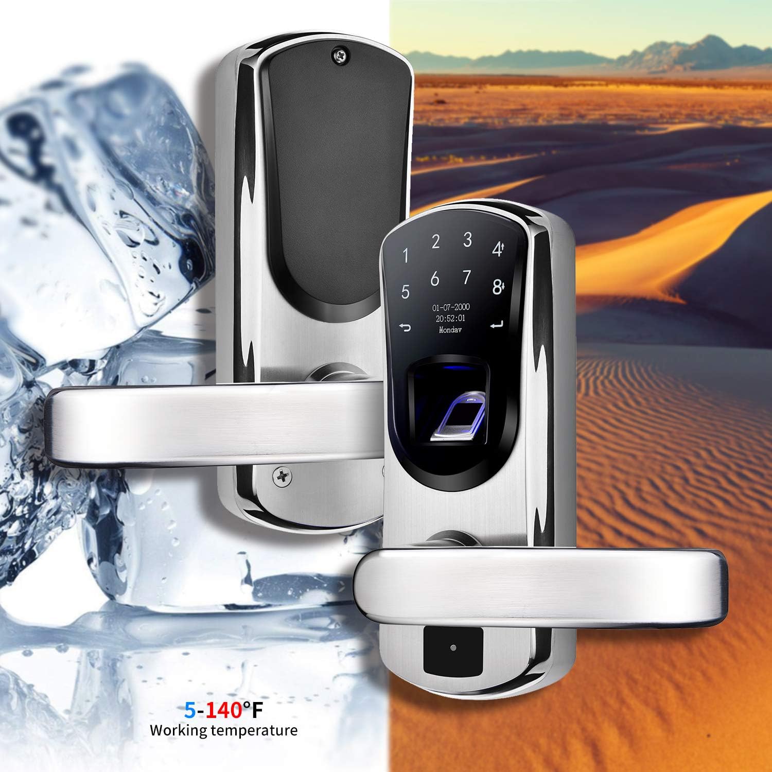 WeJupit V8 Fingerprint Keyless Entry Smart Door Lock Stainless Steel Touchscreen with Electronic Keypads, Spare Key, Two-Factor Authentication