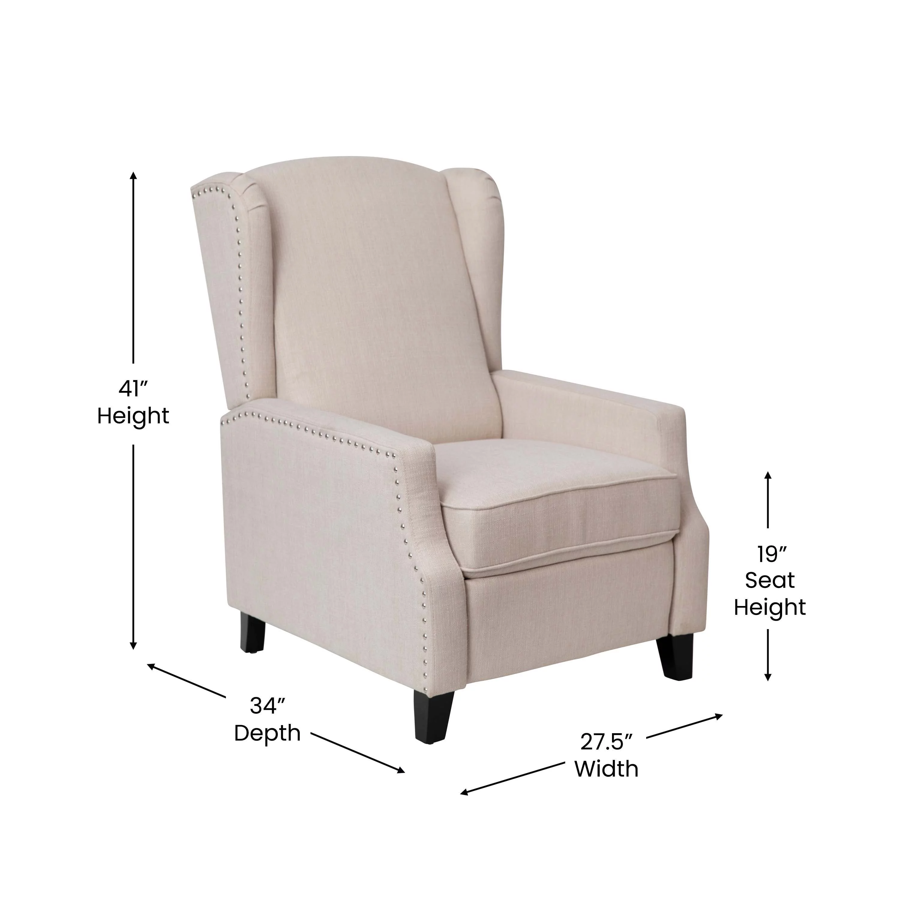 Merrick Lane Contemporary Pushback Recliner with Accent Nail Trim-Wingback Manual Recliner in Cream Fabric Upholstery