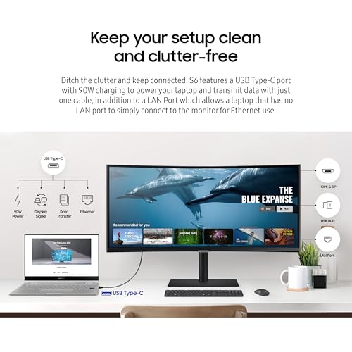 SAMSUNG Viewfinity S65UA Series 34-Inch Ultrawide QHD Curved Monitor, 100Hz, USB-C, HDR10 (1 Billion Colors), Height Adjustable Stand