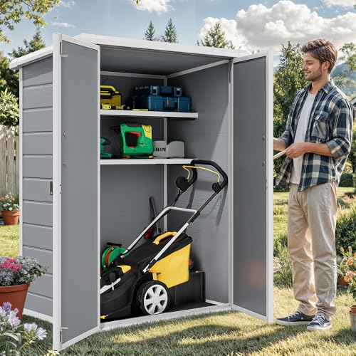 DWVO 60 Cuft Outdoor Tall Storage Shed with 2 Shelves, Weatherproof Vertical Tool Shed with Floor & Lockable Doors