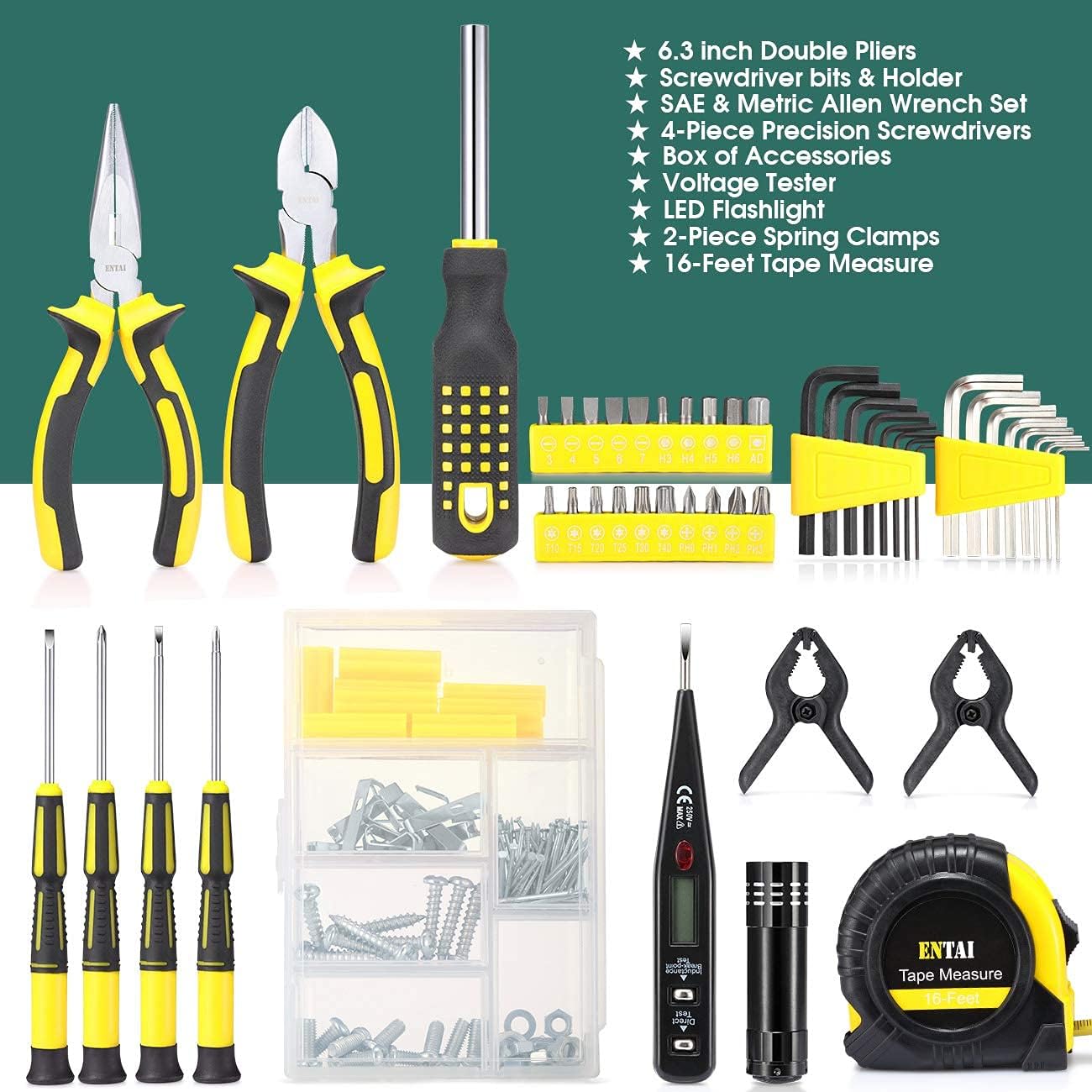 ENTAI 218-Piece Tool Kit for Home, General Household Hand Tool Set with Solid Carrying Tool Box