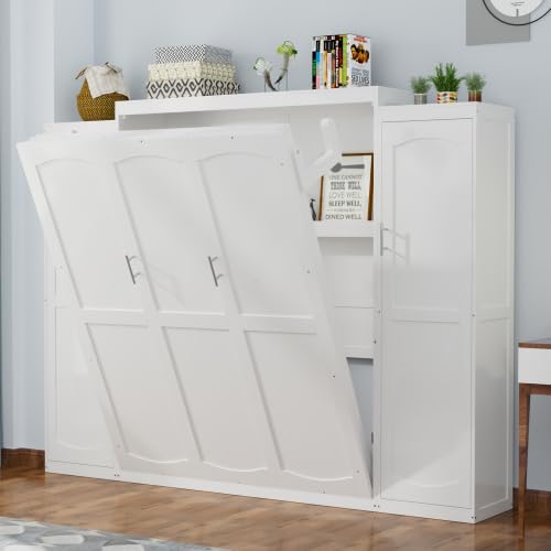 Queen Size Murphy Bed with Desk & Charging Station,Wall Bed Frame Folding into Cabinet Design w/LED & Storage Shelf for Small Space,Bedroom
