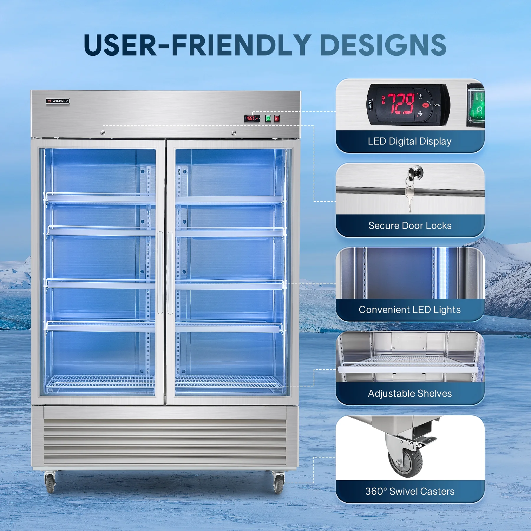 WILPREP Commercial Refrigerator, 54" 2 Glass Door Display Refrigerator with 42.2 cu. ft. Capacity, Certified by ETL, ETL Sanitation, DOE, CEC