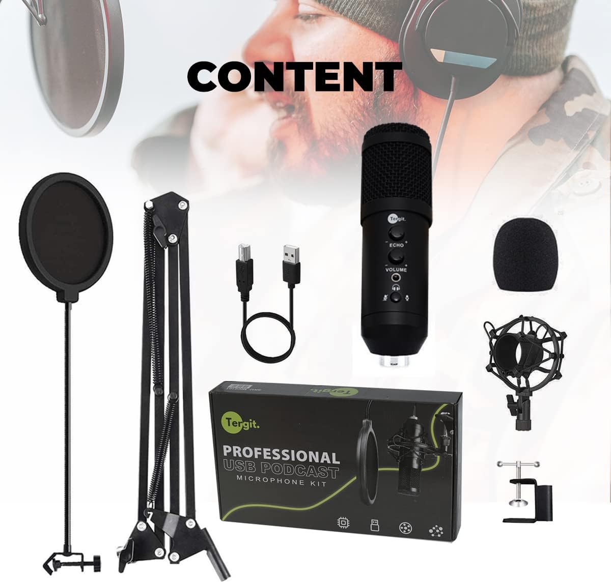 TERGIT Upgraded Condenser Microphone Professional Studio Cardioid Kit Arm Shock Mount Pop Filter Plug and Play Podcasting Gaming YouTube Broadcasting