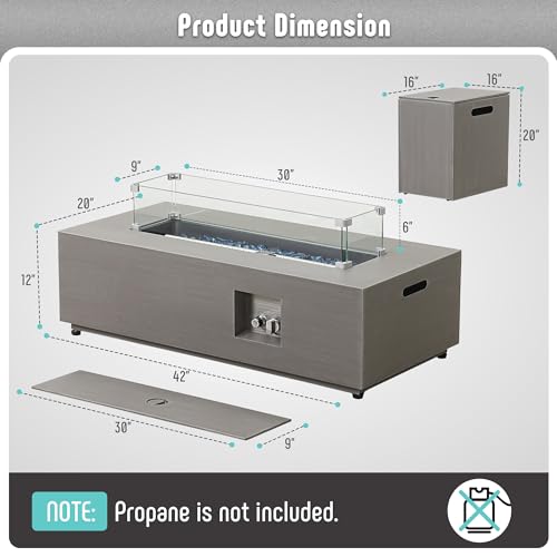 42’’ Propane Fire Pit Table Set with Tank Holder, CSA Certifed 50,000 BTU Outdoor Firepit Table, Wind Guard & Glass Stones