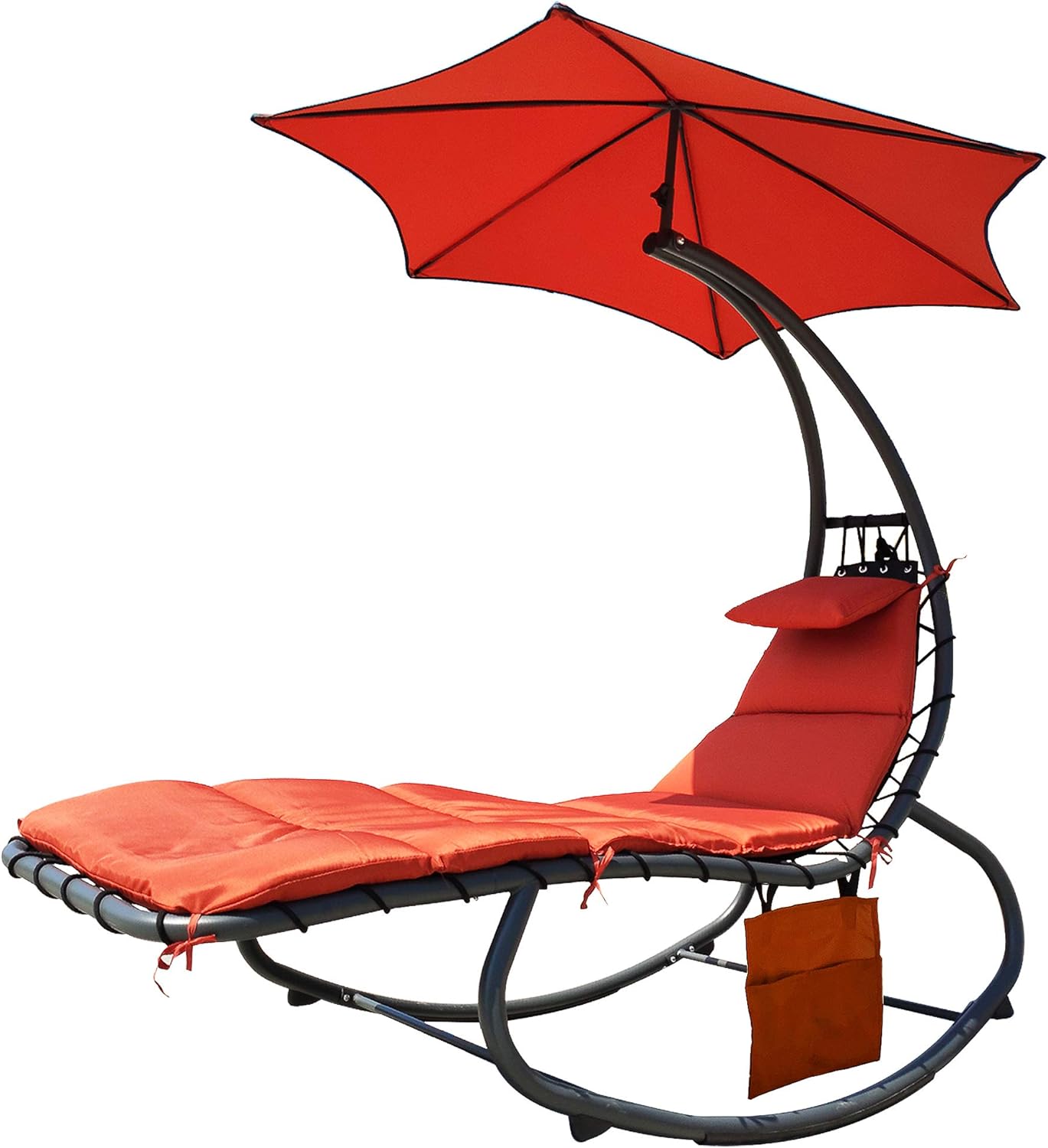 BalanceFrom Hanging Rocking Curved Chaise Lounge Chair Swing with Cushion, Pillow, Canopy, Stand and Storage Pouch, 330-Pound Capacity, Orange