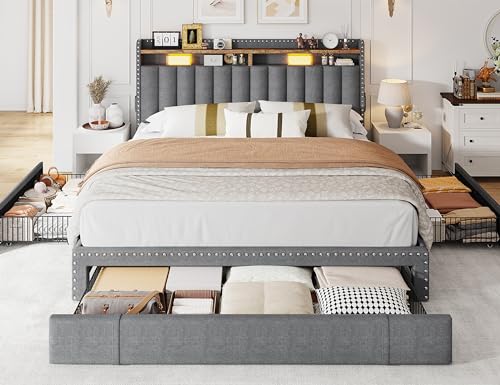 EnHomee Queen Bed Frame with 3 Storage Drawers, Upholstered Bed Frame Queen Size with 2-Tier Storage Headboard, Wooden Slats, No Box Spring Needed