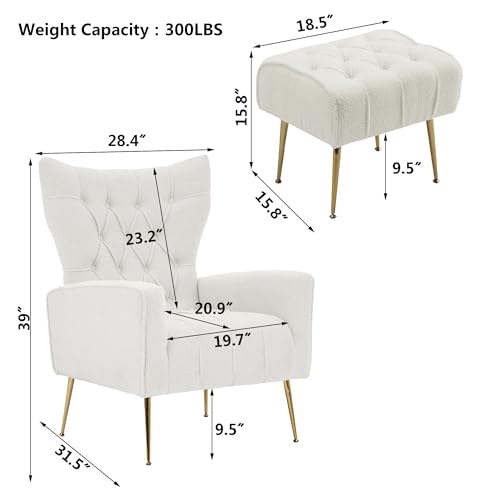 Accent Chair with Ottoman, Upholstered Tufted Boucle High Wingback Armchair with Gold Metal Legs, Club Chair with Ottoman