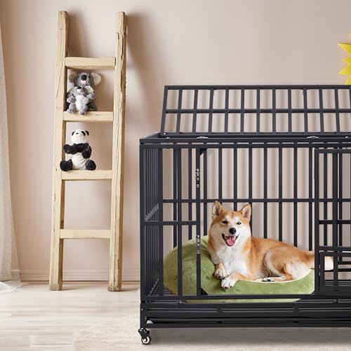Outvita Heavy Duty Dog Crate,42" Large Metal Wire Dog Kennel, Chew Proof Dog Cage with Lockable Wheels, Plastic Try