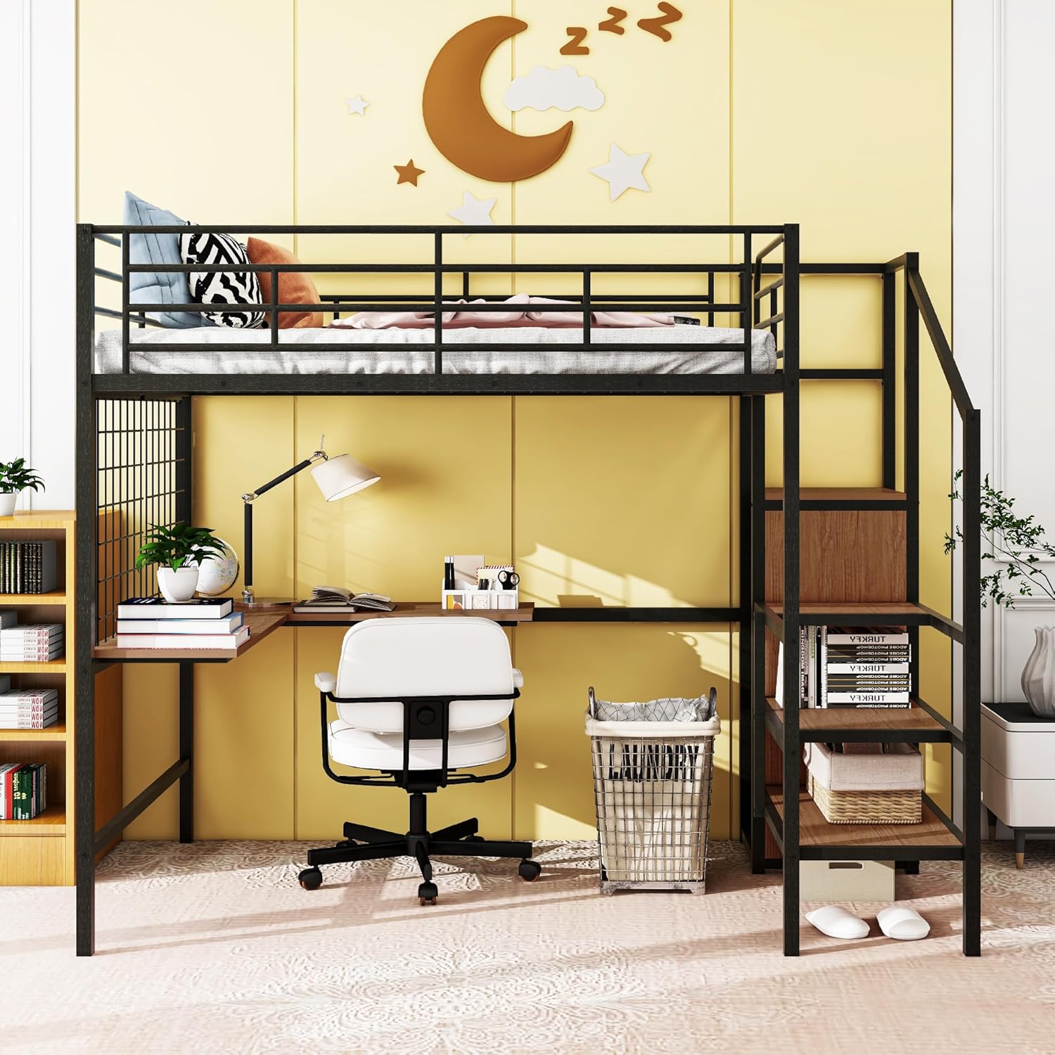 Harper & Bright Designs Metal Full Size Loft Bed with Desk and and Metal Grid, Loft Bed Full with Storage Stairs and Wardrobe
