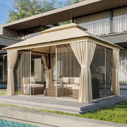 AOXUN Outdoor Gazebo for Patio 10x12, Metal Frame Canopy with Double Roofs