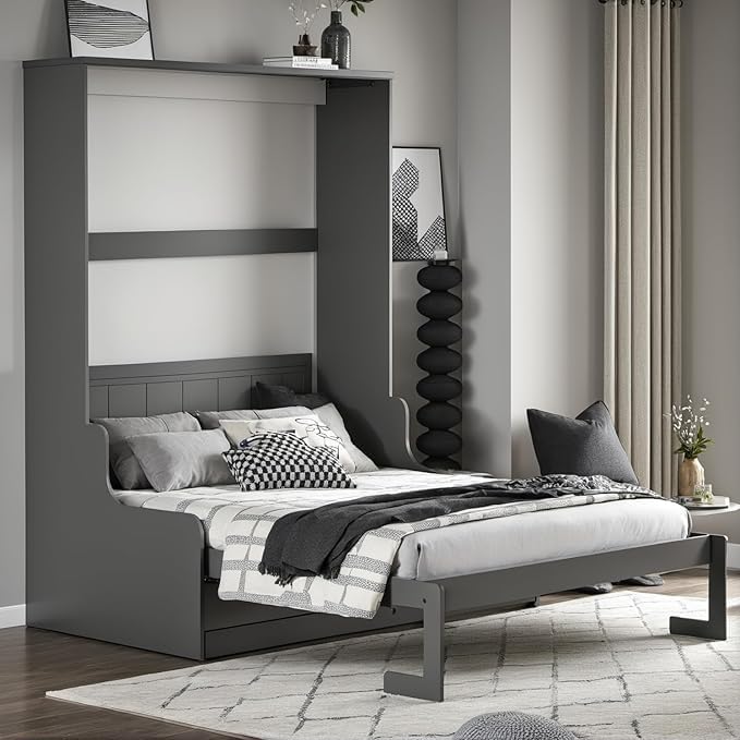Queen Size Murphy Bed with Desk & Charging Station,Wall Bed Frame Folding into Cabinet Design w/LED & Storage Shelf for Small Space,Bedroom