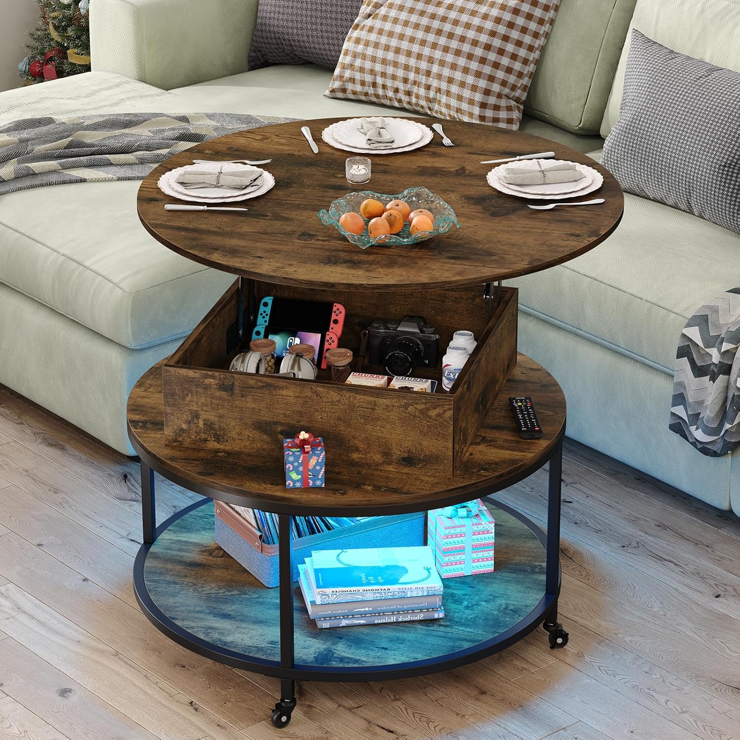 35.43''W Lift Top Round Coffee Table, Coffee Table with 2-Tier Storage