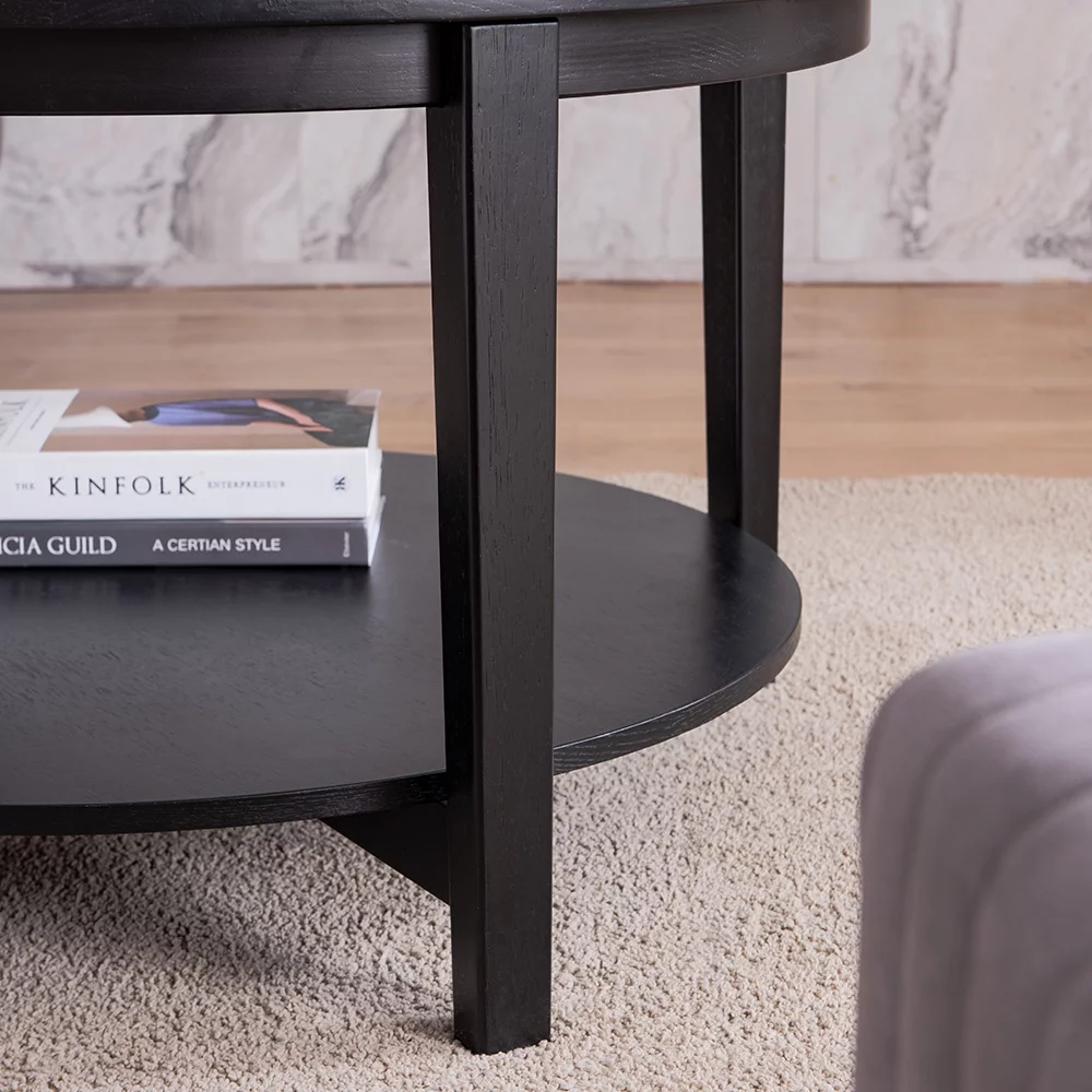 Round Tempered Glass Coffee Table,Living Room Solid Wood Coffee Table