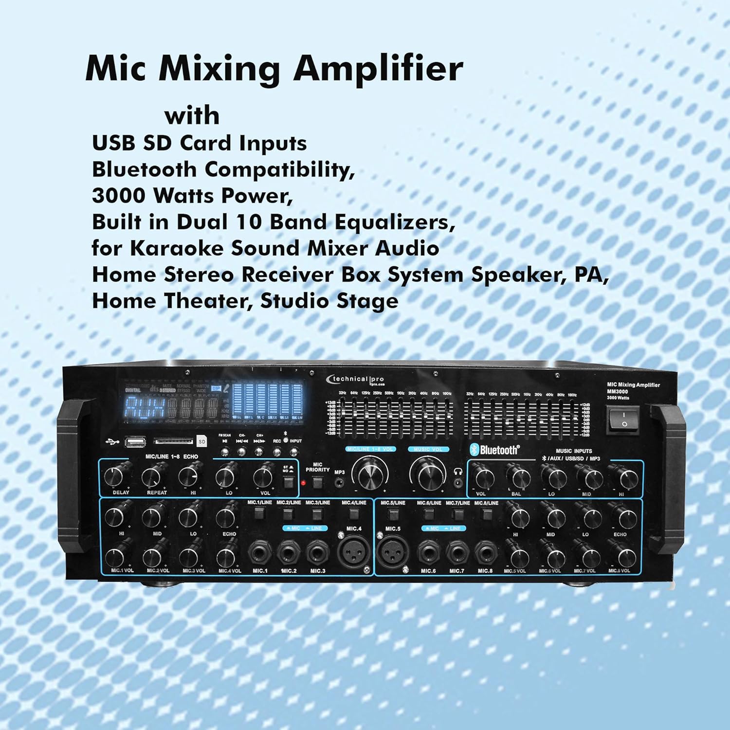 Technical Pro 3000 Watts Professional Mic Mixing Amplifier w/USB SD Card Inputs, Bluetooth Compatibility, Built-in Dual 10 Band Equalizers