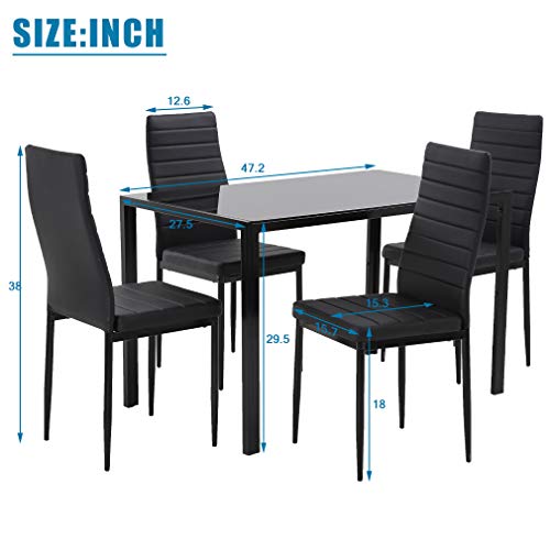 FDW | 5-Piece Dining Table Set | Glass Kitchen Table with 4 Upholstered Chairs | Space-Saving Design | Faux Leather Cushions | Modern Rectangular